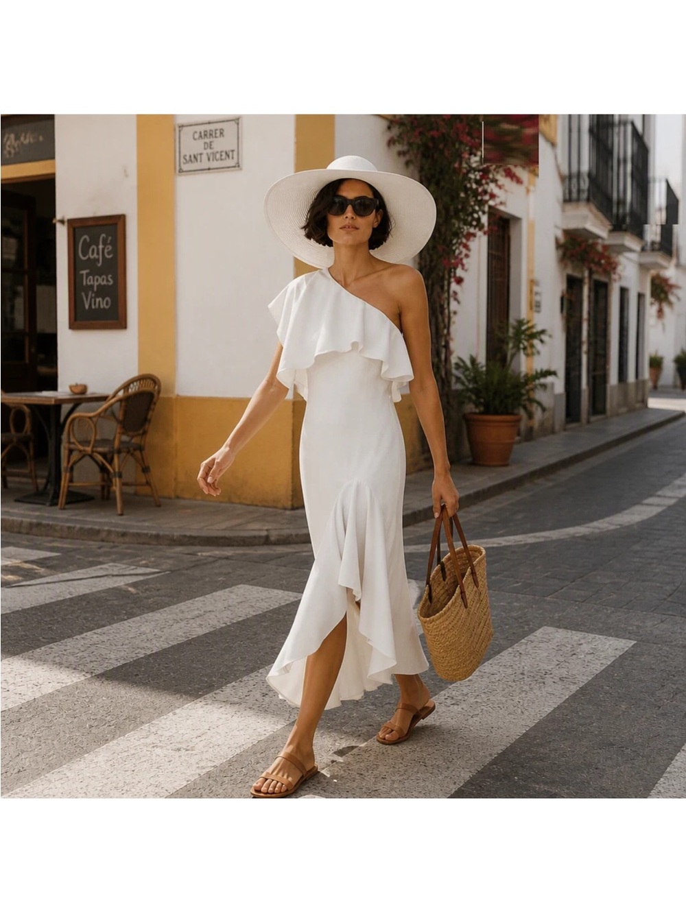 ZARA WHITE ASYMMETRIC RUFFLED LINEN BLEND MIDI DRESS